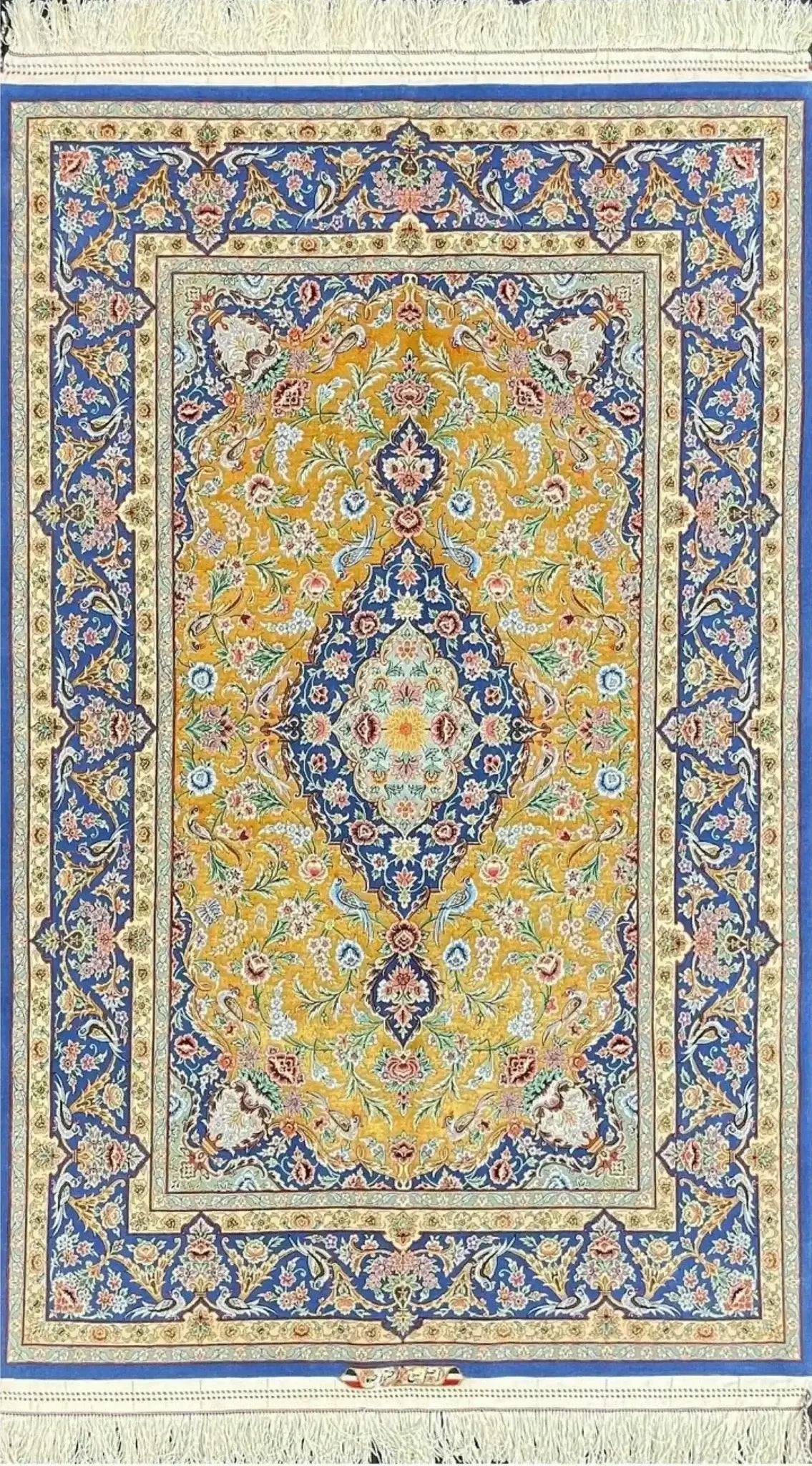 "Authentic Persian rug in yellow and blue, hand-knotted in Isfahan by Akhtarian"